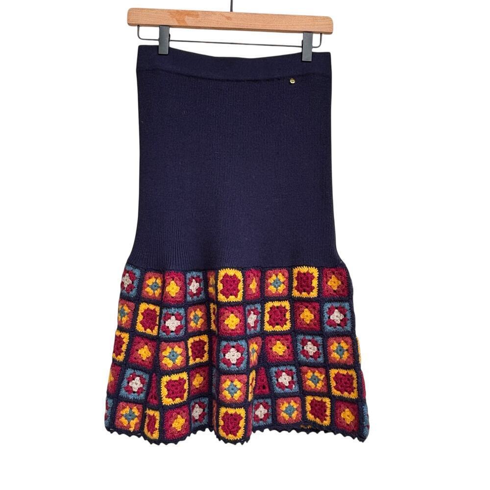 NWT Harlyn Knit Anthropologie Skirt Size S Navy Crochet Granny Squares - Picture 3 of 11